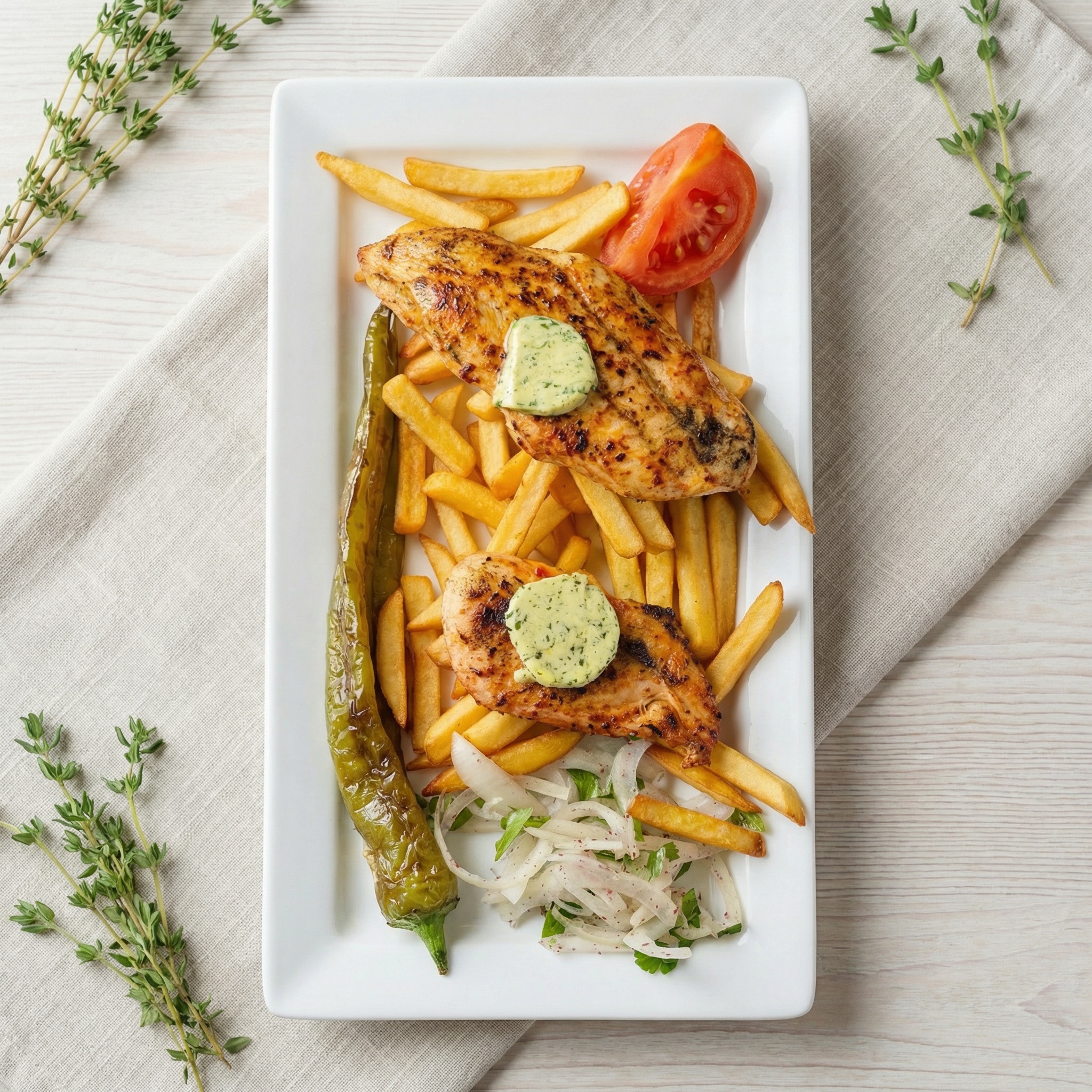 Zwei goldbraun gegrillte Hähnchenbrustfilets mit Kräuterbutter-Talern auf einem Bett aus Pommes frites, serviert mit Zwiebelsalat und Grillgemüse.