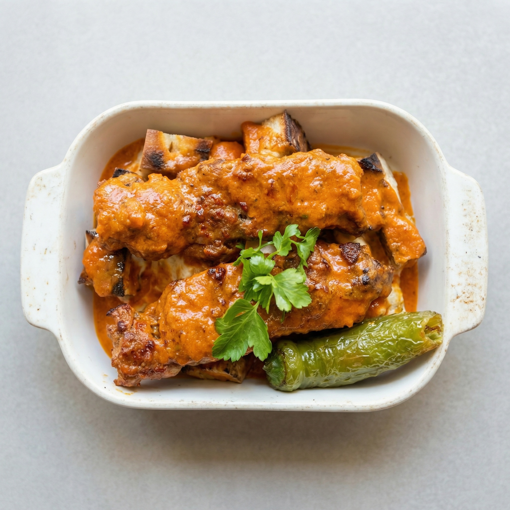 Längliche Fleischbällchen (Köfte) in einer rötlichen Sauce in einer weißen Auflaufform, garniert mit frischer Petersilie und einer gegrillten Peperoni.
