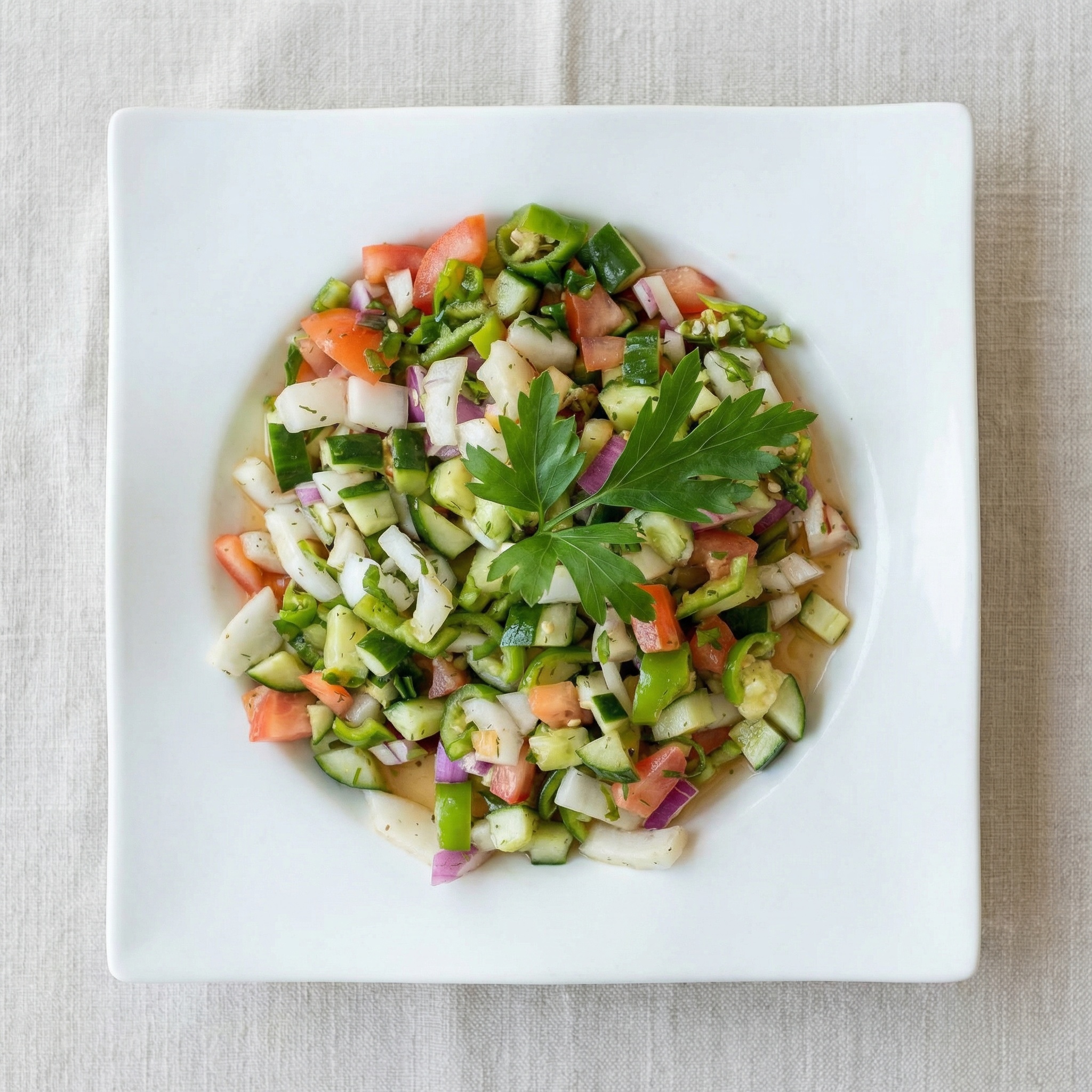 Frischer türkischer Hirtensalat mit fein gewürfelten Tomaten, Gurken, Paprika, Zwiebeln und Petersilie.