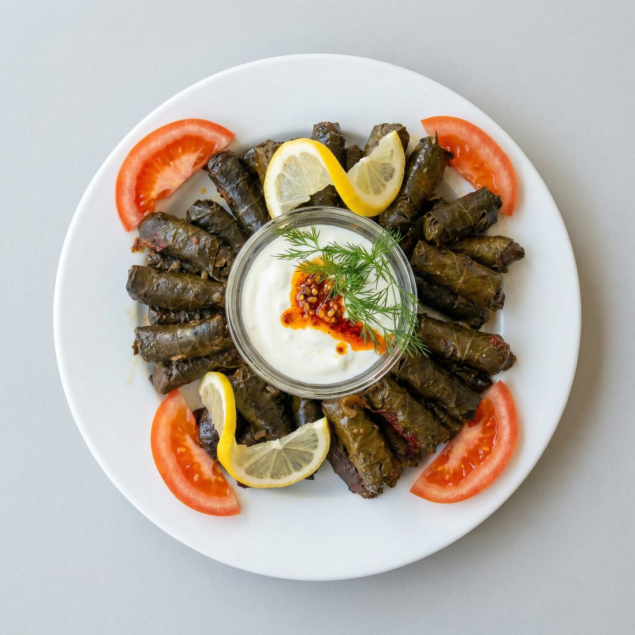 Teller mit kreisförmig angerichteten gefüllten Weinblättern (Sarma) und einem cremigen Joghurt-Dip in der Mitte.