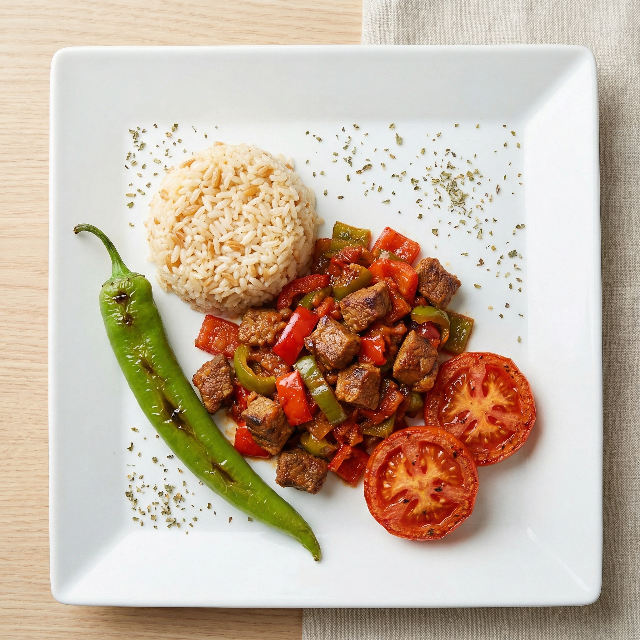Modern angerichteter Teller mit gewürfeltem Rindfleisch, Paprika, Reis, gegrillter Peperoni und Tomatenscheiben.