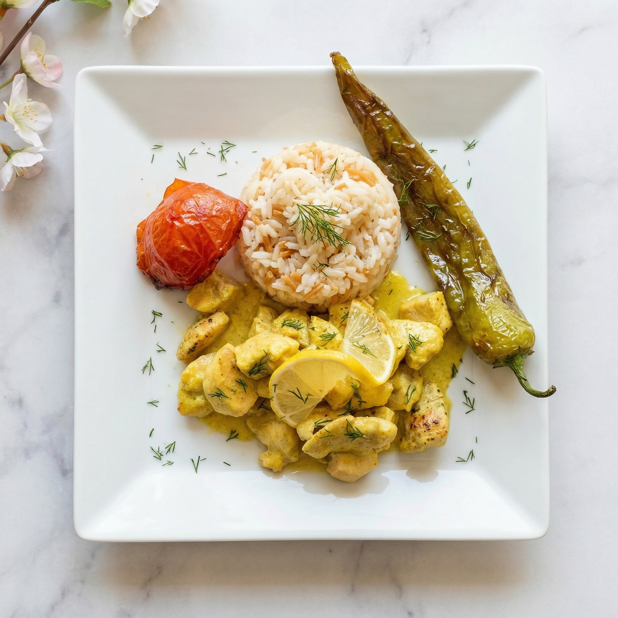 Zartes Hähnchen-Geschnetzeltes in Zitronen-Safran-Sauce mit Reisrand.