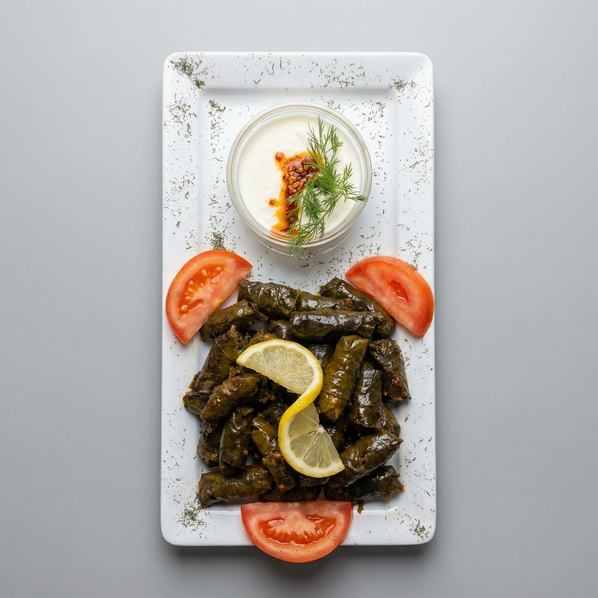Hausgemachte gefüllte Weinblätter (Sarma) mit Joghurt-Dip und Zitronen.