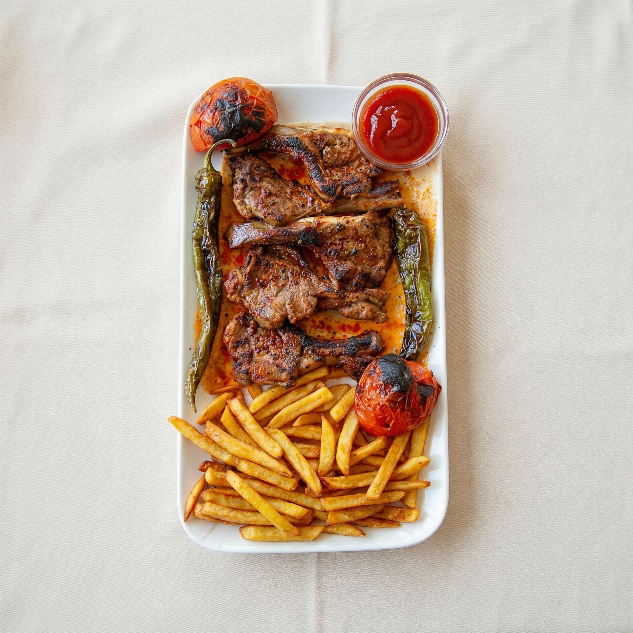 Zarte Lammkoteletts vom Grill serviert mit knusprigen Pommes und Dip.